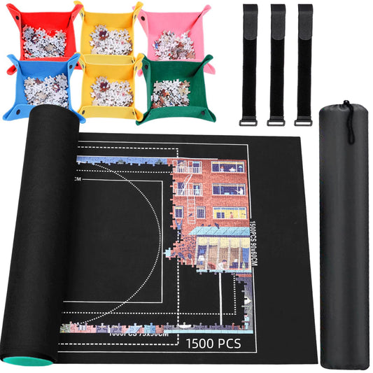 Jigsaw Puzzle Mat Roll Up - 1500 1000 500 Pieces Puzzel Matte, Black Roll-Up Puzzles Mats Felt Save Trays for Sorting Table Board Clear Sheets, Frame Keeper Storage Accessories for Adults