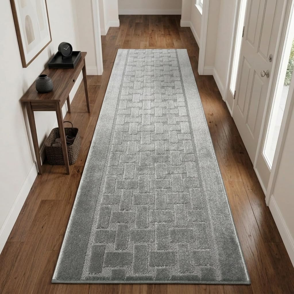Runner Rug 8 ft, Non-Slip Washable Rug, Grey Textured Carpet for Kitchen Hallway Laundry Entryway, Rubber Backing, Indoor, Rolled in Box (26" x 8'), Custom Size Floor Runner