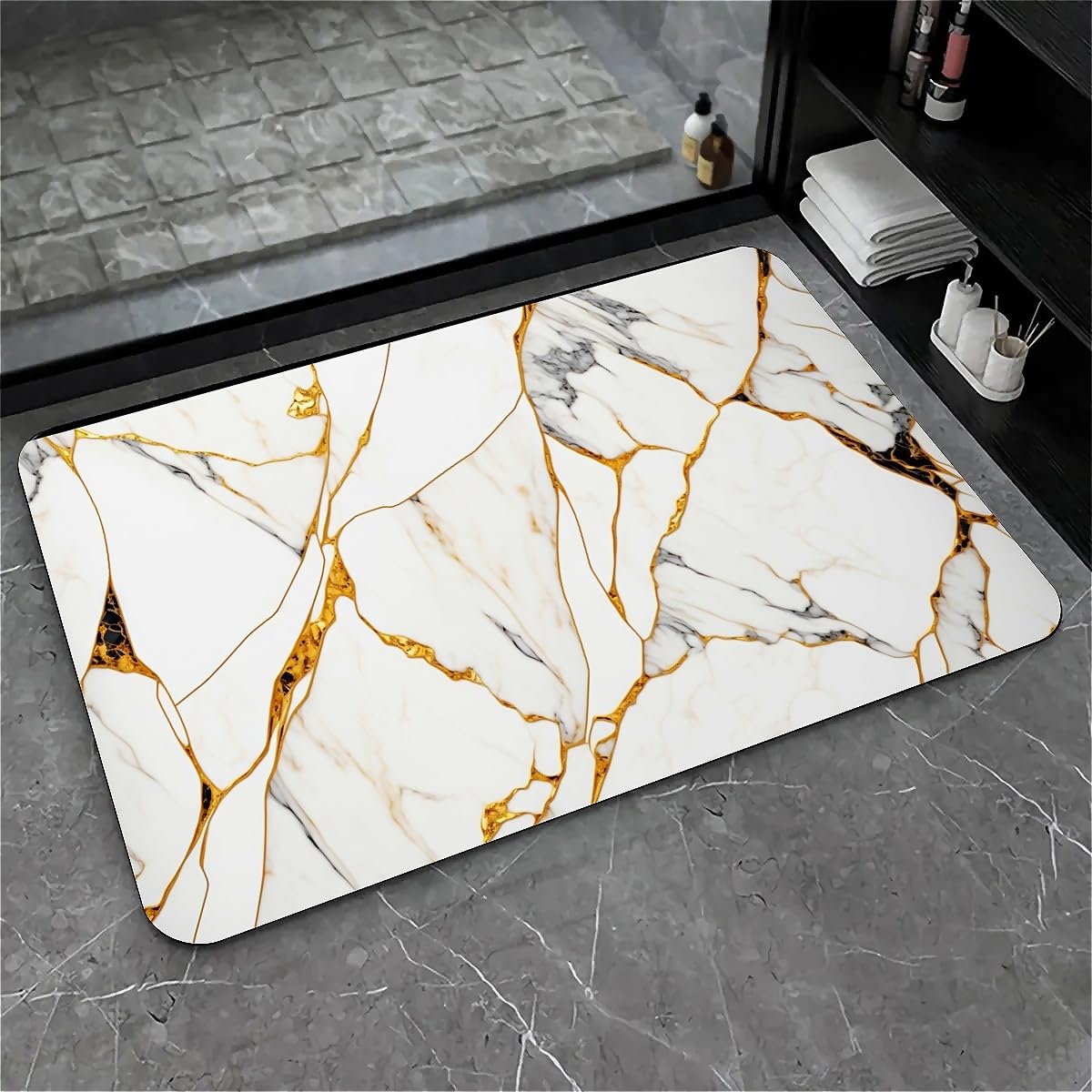 ZHUZHISHAN Bath Mat Rug,White Marble with Golden Non Slip Quick Dry Super Absorbent Thin Bathroom Rugs Fit Under Door-Easy to Clean Bathroom Floor Mats-Shower Rug for Shower Sink Bathtub(16" x 24"in)