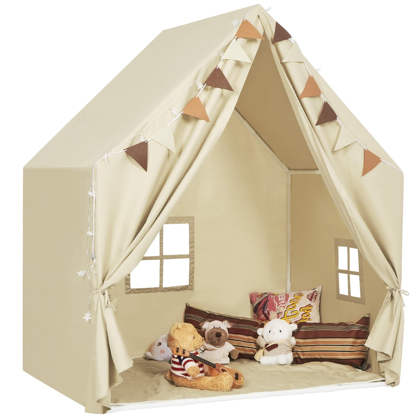 MORITECK Kids Play Tent with Padded Mat & Star LED Lights for Ages 4-8-10 Year Old Girls Boys, Large Cute Indoor Play Room House Tent for Toddler Children (Beige)