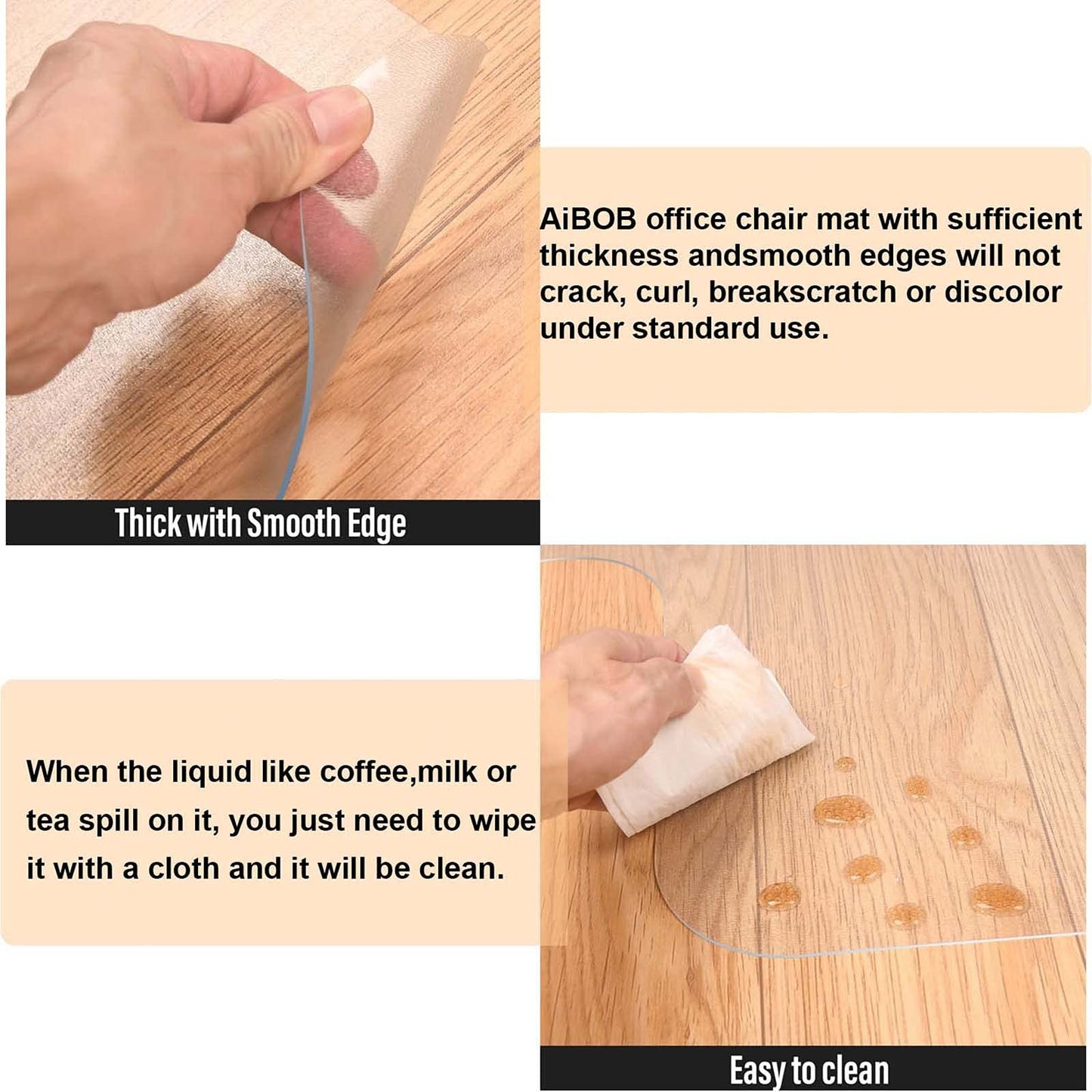 AiBOB Office Chair Mat for Hardwood Floor, 45 X 53 inches, Hard Floor Chair Mats Under Computer Desk, Easy Glide for Rolling Chairs, No Curling
