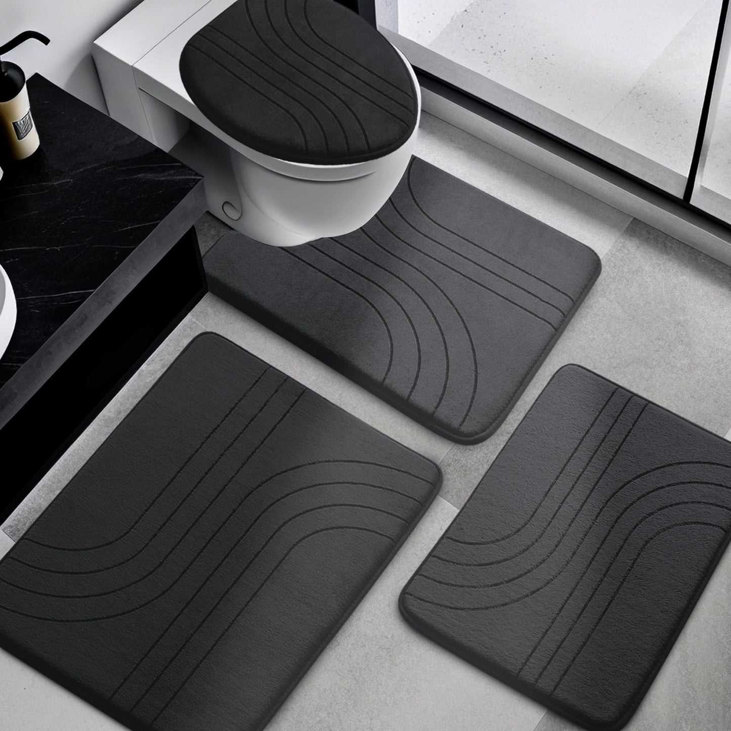 YIHOUSE Memory Foam Bathroom Rugs Set 4 Pieces, Soft Non Slip Bathroom Mats Set, Extra Thick Bath Mats for Bath Room, Machine Washable Bath Rugs for Tub, Toilet and Floor (Black)