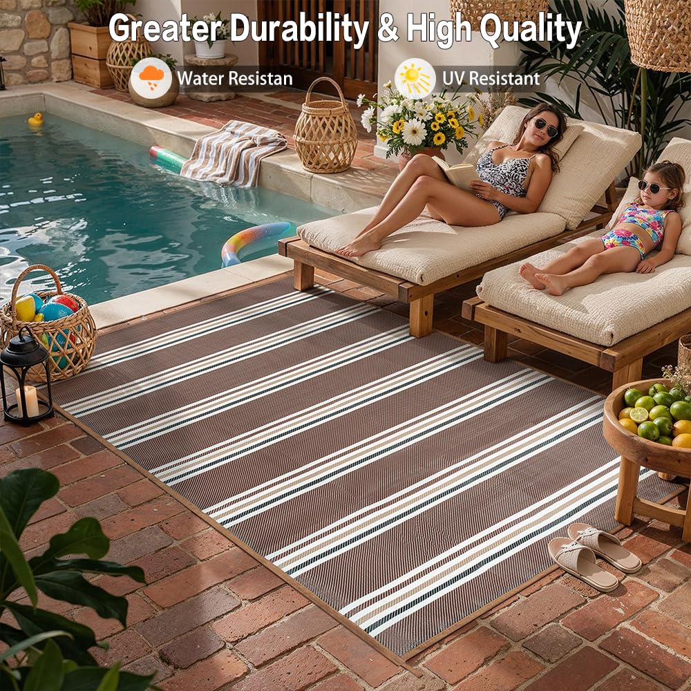 PureCozy Outdoor Waterproof 5x8 Rug for Patio Reversible Plastic Straw Brown Striped Camping Mat Outside Lightweight Large Floor Mat for RV Deck Beach Balcony Picnic Backyard Entry Porch