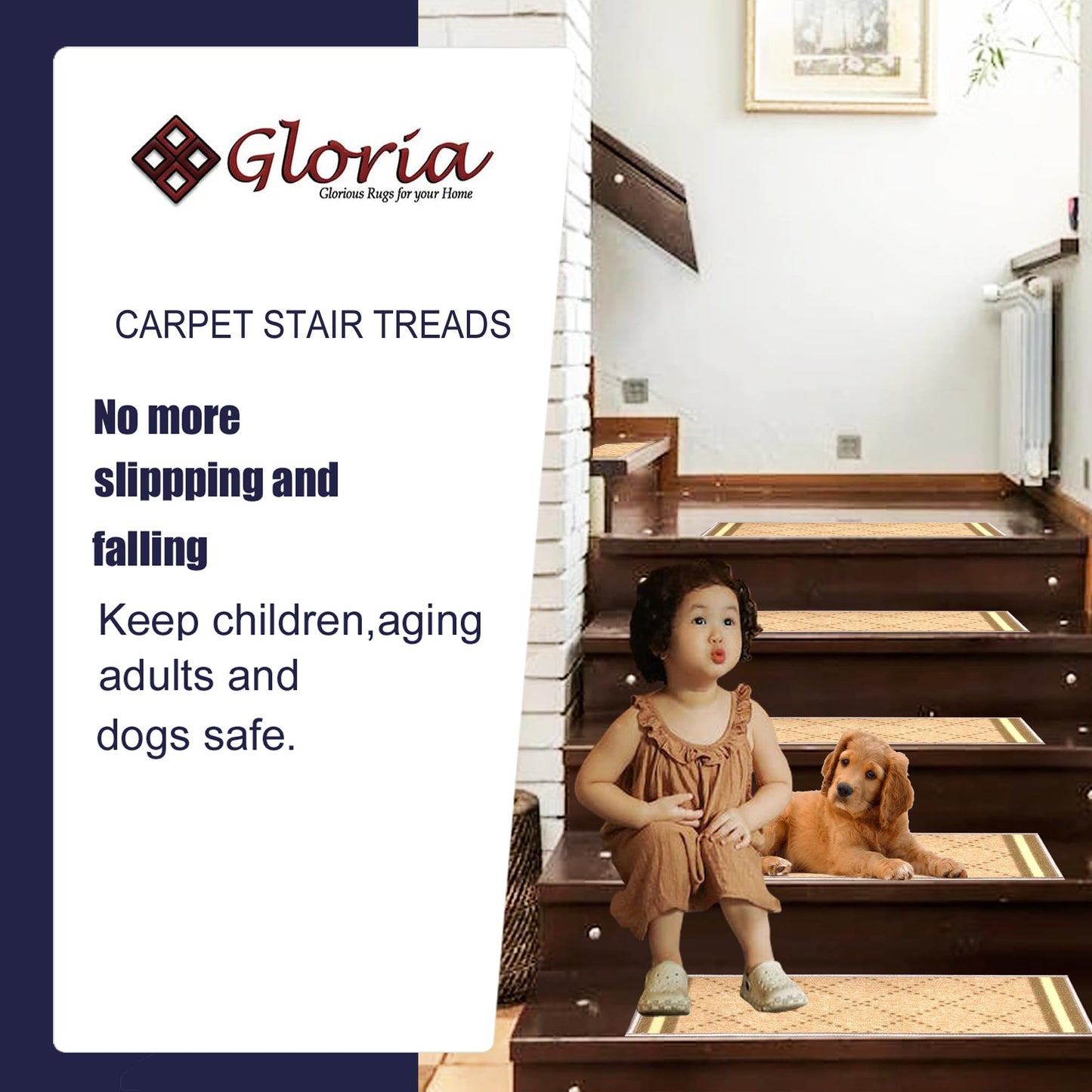Gloria Rug Non-Slip Rubber Back Stair Treads - Skid Resistant Stair Mats - Set of 7 (8.5" x 26") (7, Stair-1985)