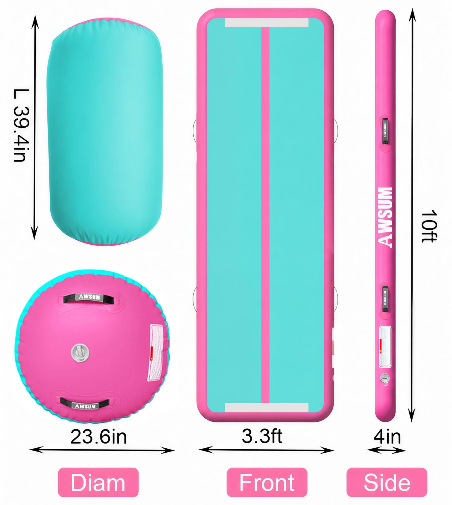 AWSUM Inflatable Gymnastics Mat with Air Barrel for Home Practice 10 FT