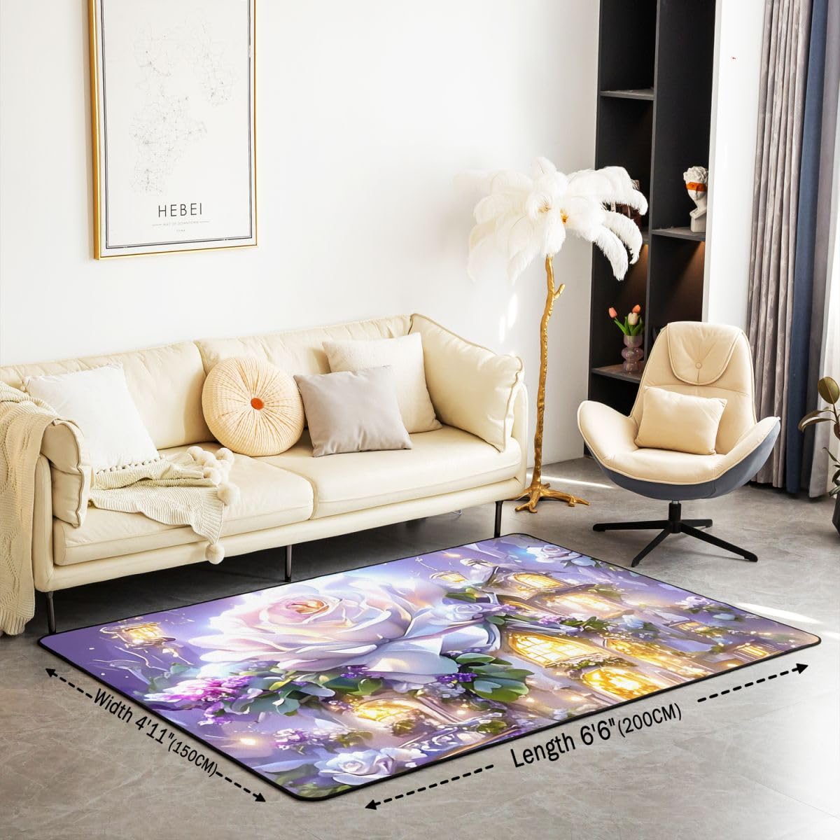 Rose Flower Area Rug 3'x5',Green House Non Slip Carpet for Kids Boys Girls Adults,Castle Princess Floor Mats,Purple White Rug for Living Room Bedroom Playroom Backyard