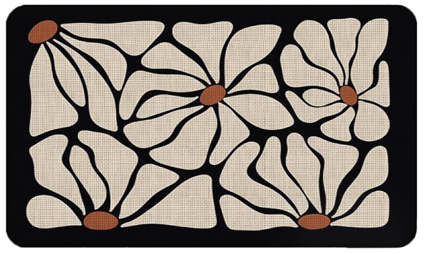 QGFM Boho Beige and Black Floral Door Mat - Bohemian Neutral Floral Front Door Welcome Mats Outdoor Entrance, 17x30 Rug