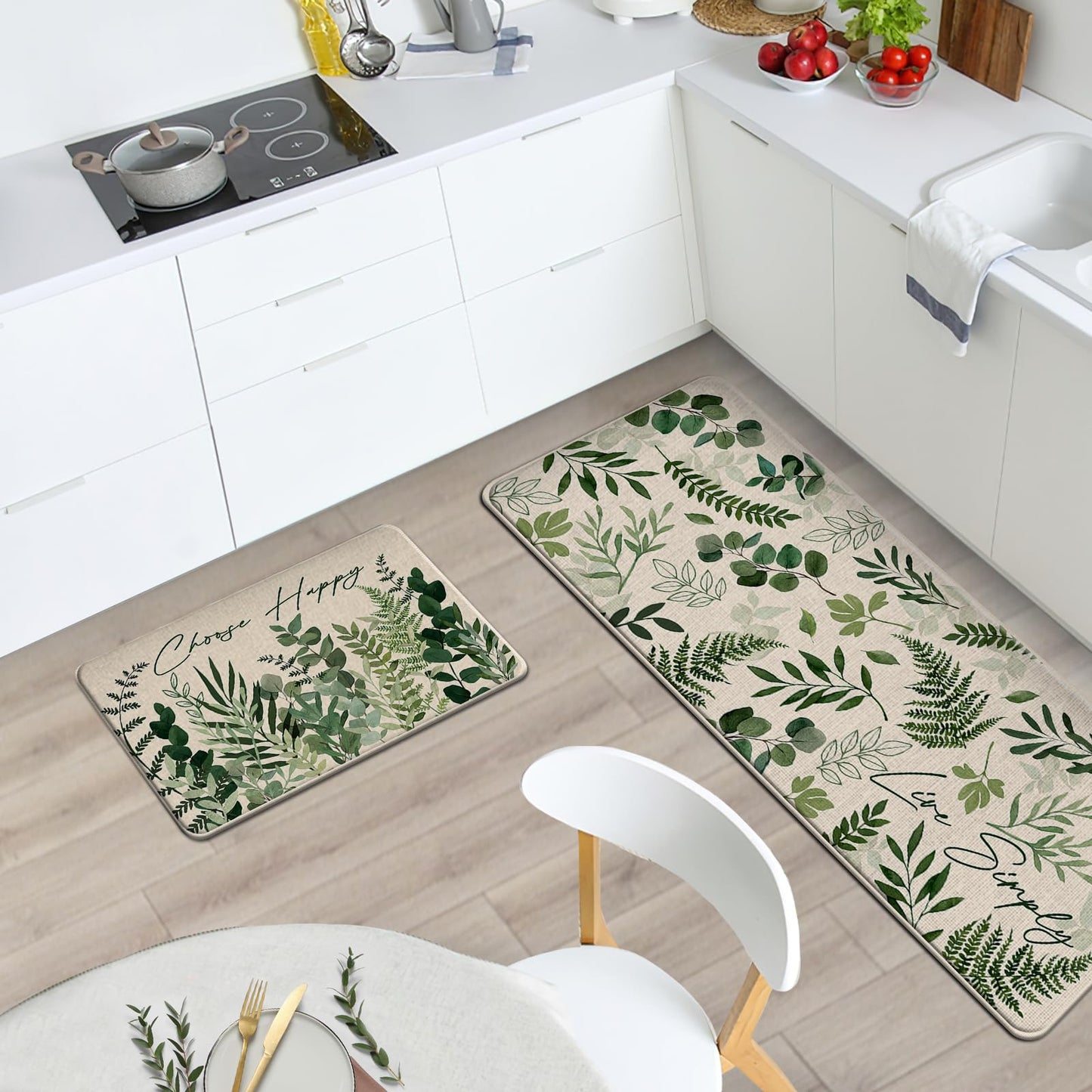 Livcoz Green Eucalyptus Leaves Botanical Kitchen Rugs Set of 2, Natural Plant Greenery Choose Happy Floor Mats Home Decor, Spring Summer Live Simply Door Mat Decorations - 17x29 and 17x47 Inches
