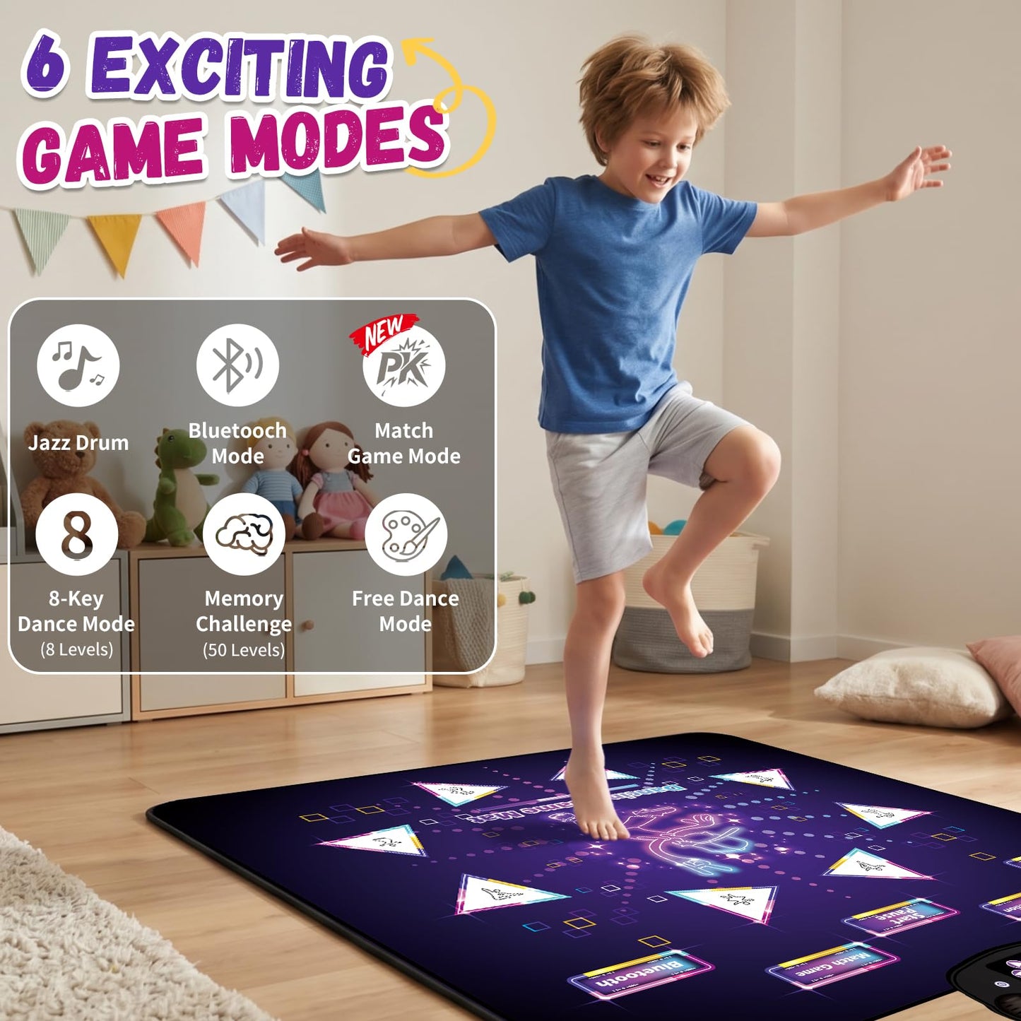 YESHIN Light-Up Dance Mat for Kids, Upgraded Extra Large Dance Pad with Bluetooth & 6 Game Modes, Rechargeable Musical Dancing Mat, Non-Slip Waterproof Toy with 8 Buttons for Boys & Girls Ages 3-12