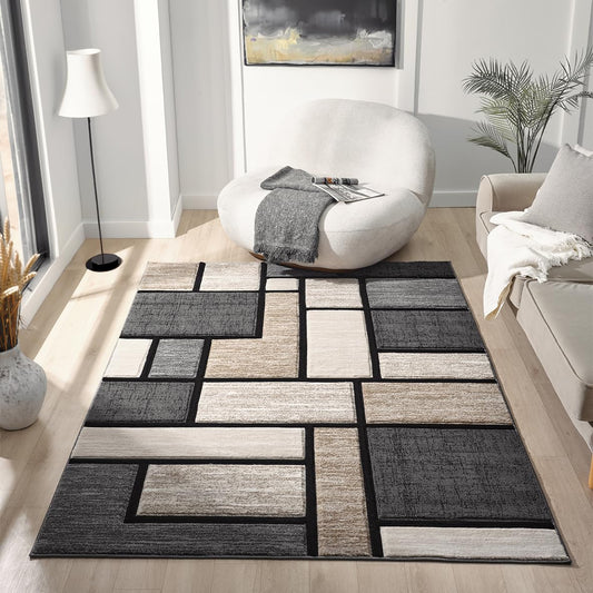 HADBA Modern 4x5 Sand Geometric Living Room Rug - Area Rugs for Living Room Dining & Bedroom - Hand Carved Runner Carpet - Durable Polyester - Non-Fade Stain-Resistant - Turkish Made