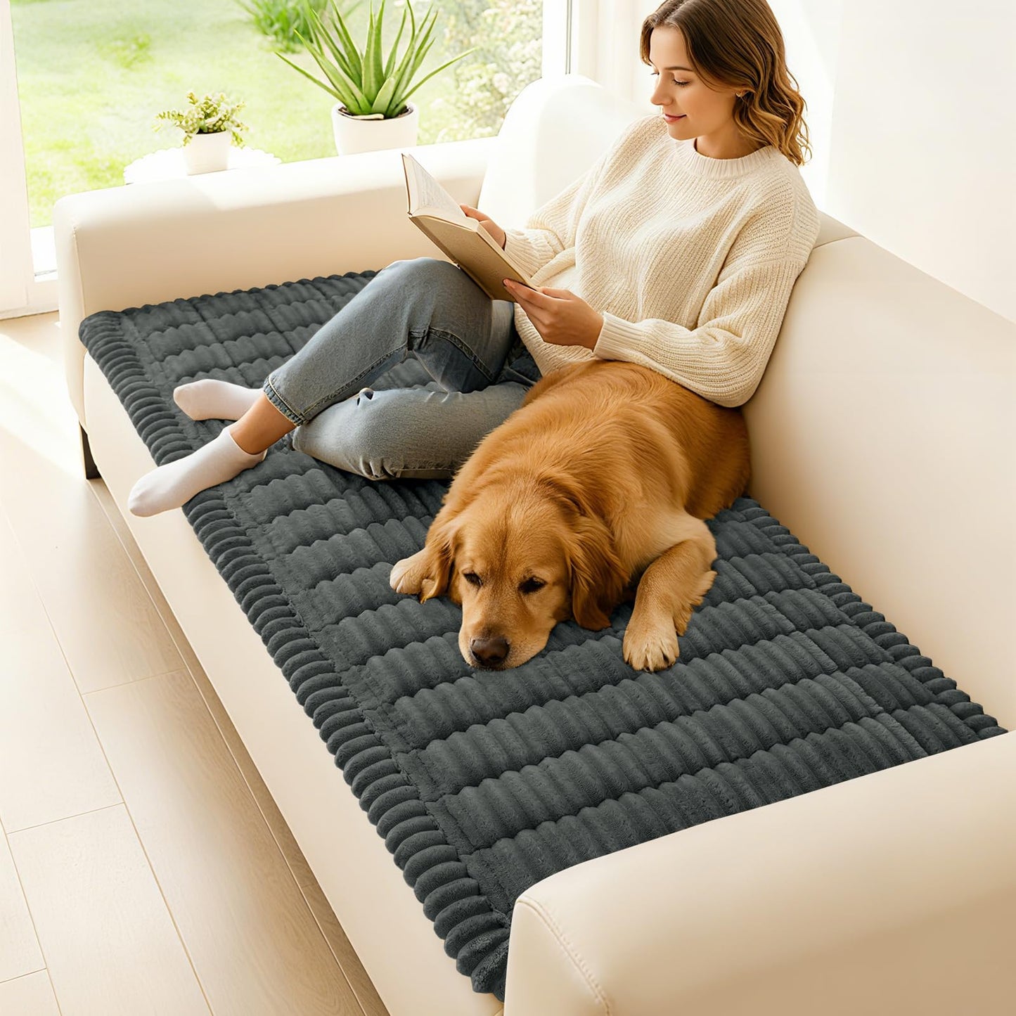 hyha Couch Cover for Dogs Washable, Non Slip Thick Flannel Sofa Protector, Pet Friendly Plush Furniture Cover for Sectional Sofa & Loveseat (Dark Grey, 27.6" x 59")