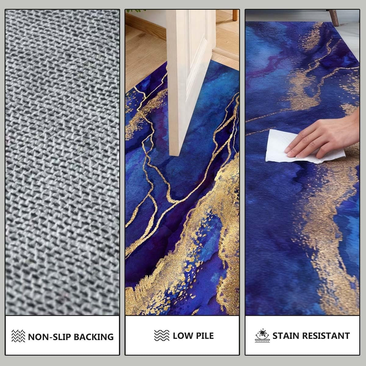 Marble Liquid Swirl Blue Gold Stripe Area Rug 7x10 Contemporary Abstract Art Decor Rug for Living Room Dining Room Playroom Soft Washable Carpet Luxury Chic Home Office Entryway Floor Rug Runner Mat