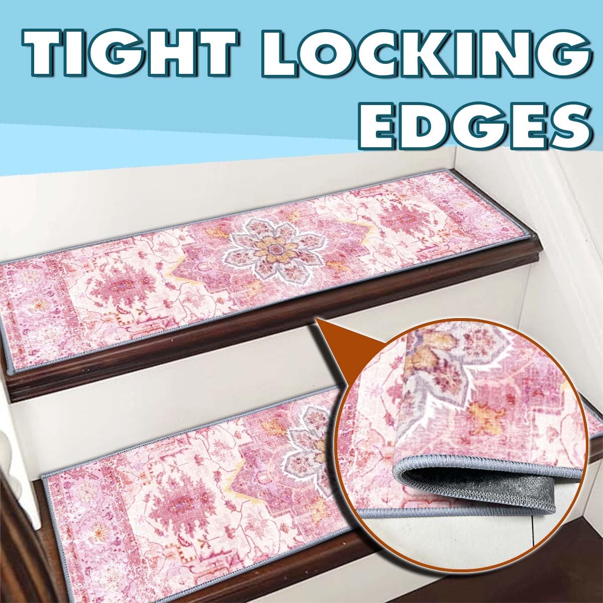 Non-Backed Membrane Stair Tread Mats, ‘8x30 Inches’ Edge Stair Tread Non-Slip Carpet Rugs, Silent Tread Mats, Wooden Steps Indoor Stair Rugs, Stair Decorative Carpets (Pink, 15pcs)