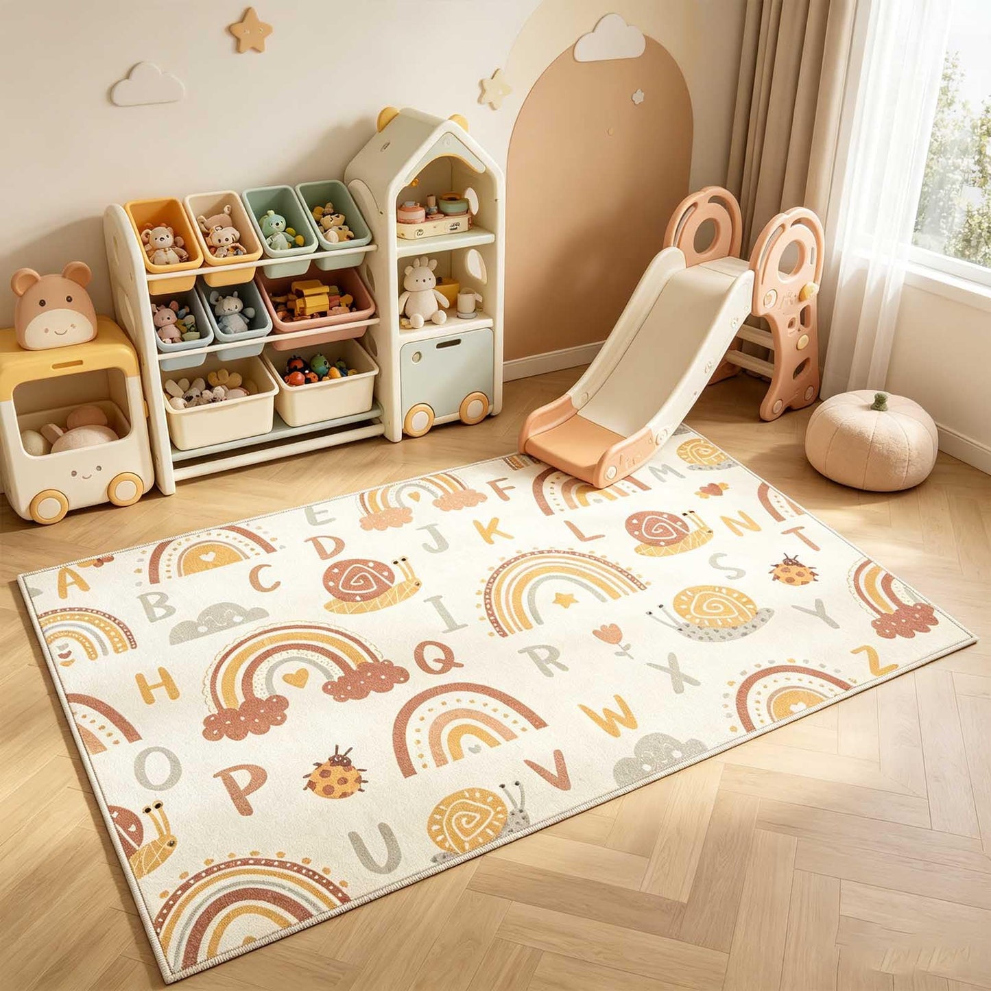 LIVEBOX Washable Kids Rug for Playroom, 3x5 Boho Rainbow Alphabet Rug for Kids Room, Non Slip Nursey Carpet Decor Rugs (Orange,3x5)
