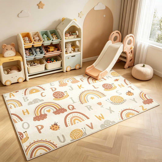 LIVEBOX Washable Kids Rug for Playroom, 3x5 Boho Rainbow Alphabet Rug for Kids Room, Non Slip Nursey Carpet Decor Rugs (Orange,3x5)