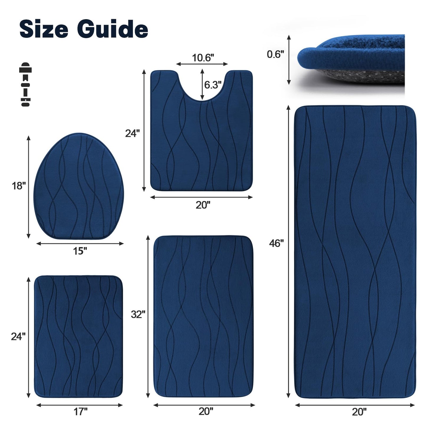 YIHOUSE Memory Foam Bathroom Rug Sets, Navy Blue, 5 Piece