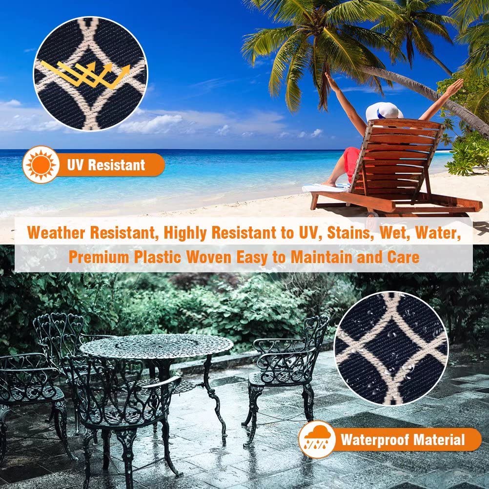 Pendolr Reversible Mats - Outdoor Rugs 9'x12' for Patios Clearance, Plastic Straw Rugs Waterproof, Portable, Outdoor RV Camping Rug, Garden, Balcony, Picnic, Beach, Camping(Black & Beige)