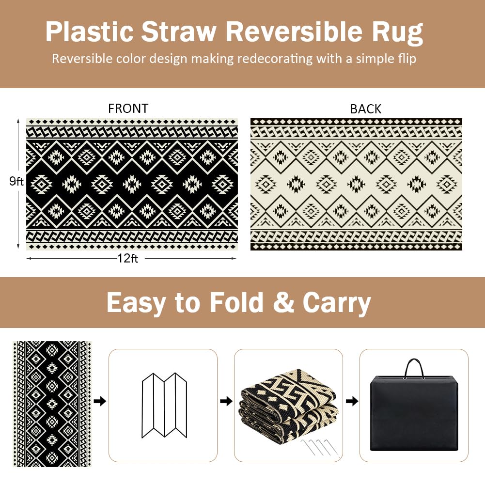 LILIOFFIC Outdoor Rug - Outdoor Rugs 9x12 for Patios Clearance, Large Outdoor Area Rug Carpet for Outside, RV, Deck, Picnic, Beach, Camping, with 4 Stakes, Black & Beige