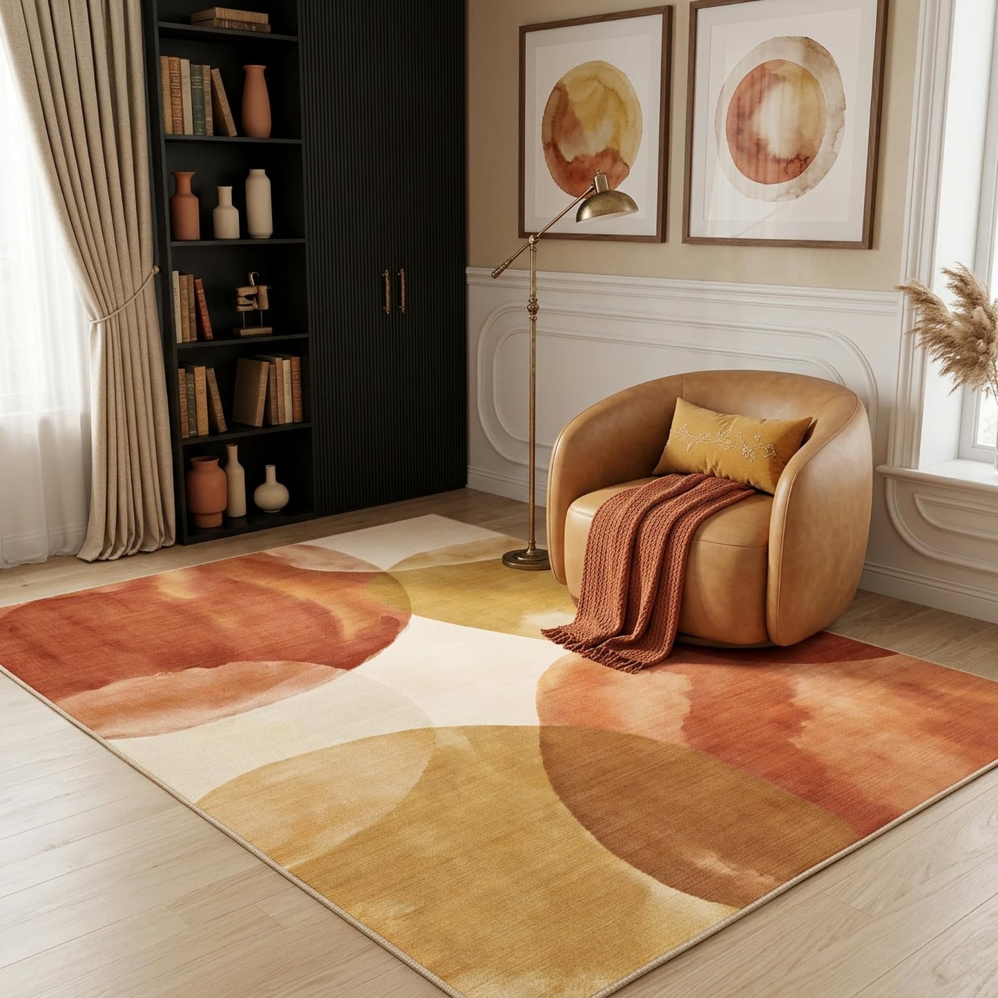 GraceSway 5x7 Area Rug, Modern Abstract Watercolor Rug in Rust Orange and Mustard Yellow, Faux Cashmere Ultra Soft Short Pile, Machine Washable, Non-Slip, for Living Room, Bedroom
