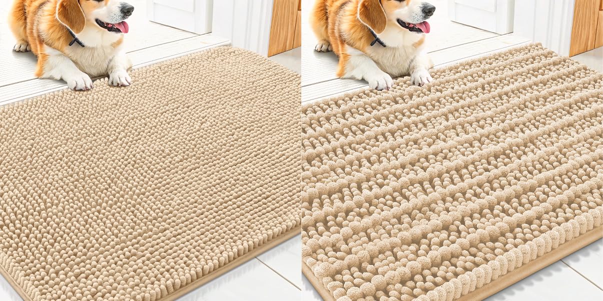 Smiry Dog Door Mat for Muddy Paws 30x20, Absorbs Moisture and Dirt Doormat, Non-Slip Washable Quick Dry Chenille Front Door Mat Indoor Entrance, Entryway Carpet for Inside Floor, Beige