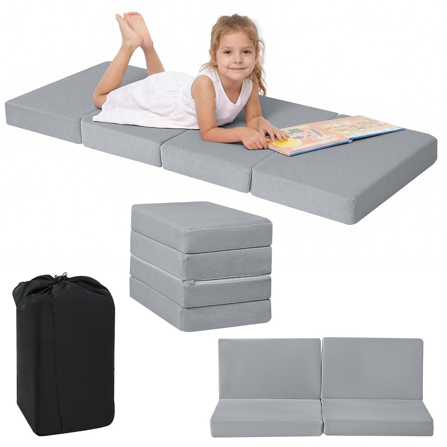 MeMoreCool Kids Folding Mattress, Trifold Mat Foldable Floor Mattress with Washable Cover and Carry Bag, Portable Foam Floor Mat for Kids, Daycare, Sleepover, Camping and Travel, Light Grey