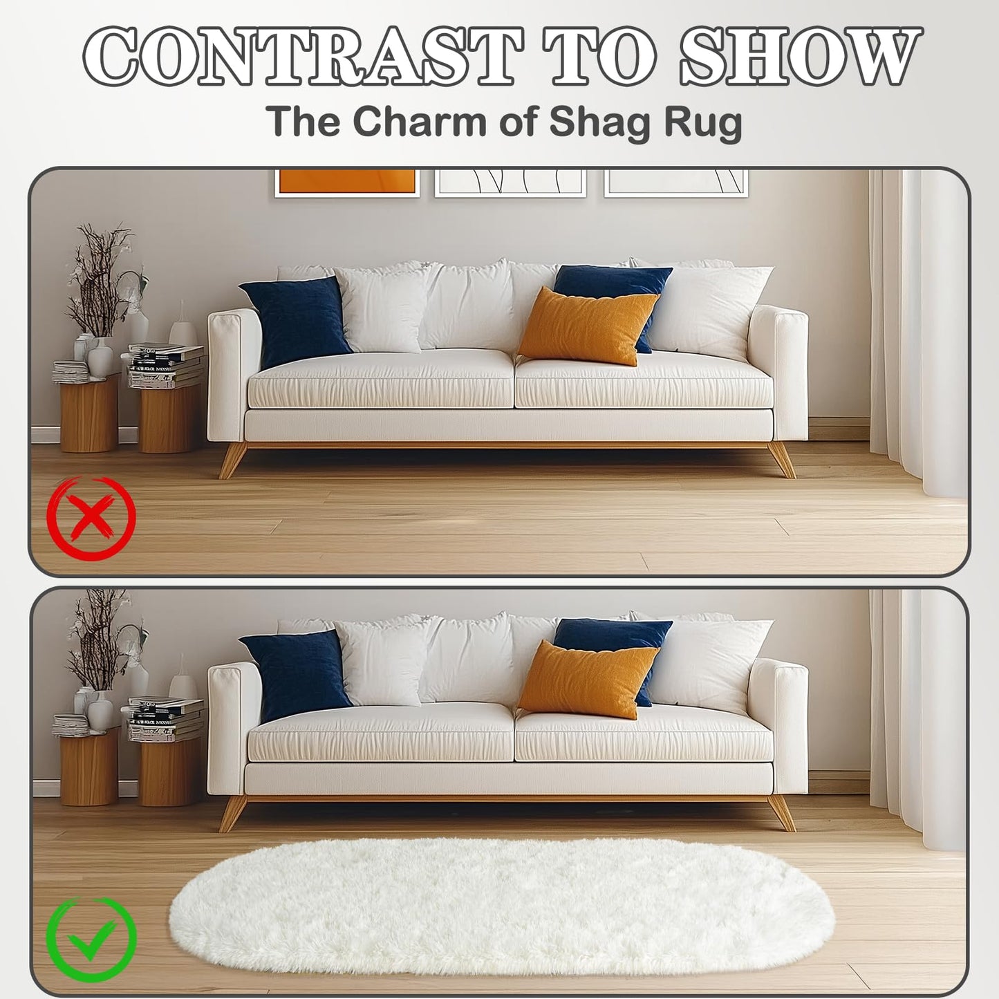 Soft Fluffy Area Rug for Bedroom, Cream White Fuzzy Shaggy Oval Throw Rugs for Bedside, Non-Slip Cozy Plush Shag Carpet for Kids Room Nursery Dorm Living Room, 2.6 x 5.3 Feet