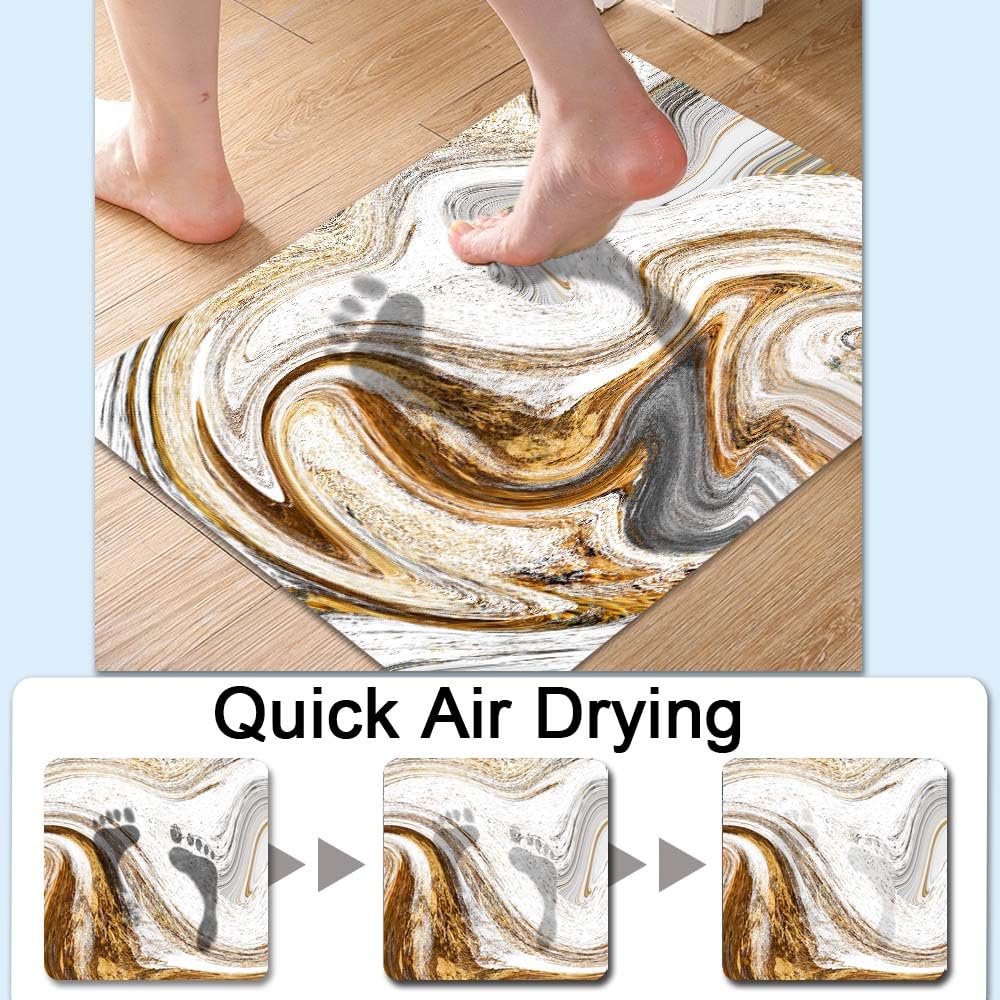 ZHUZHISHAN Bath Mat Rug,White Grey Gold Marble Non Slip Quick Dry Super Absorbent Thin Bathroom Rugs Fit Under Door-Easy to Clean Bathroom Floor Mats-Shower Rug for Shower Sink Bathtub(16" x 24"in)