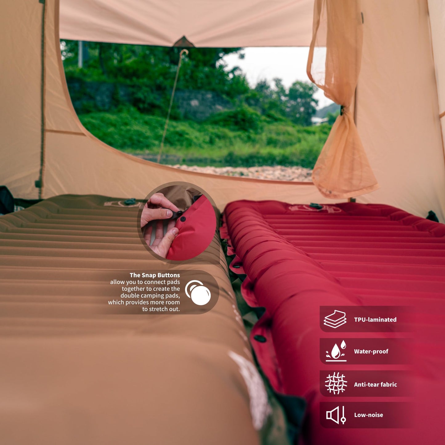 ZOOOBELIVES Camping Sleeping Pad with Built-in Pump & Pillow, 5-Inch Thick, 27-Inch Wide, Ultralight Inflatable Camp Mat with Snap Buttons, Compact for Hiking Backpacking and Travel - Airlite1901