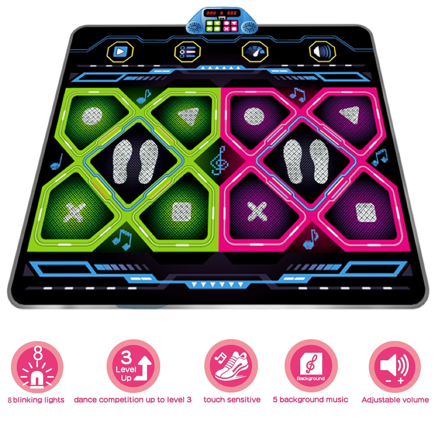 RUNJIAER Kids 2-Player Dance Mat, Dance Pad with Music & Adjustable Volume, 3 Difficulty Levels, Non-Slip Rhythm Step Play Game Toy for Boys Girls Ages 3-9, Granddaughters Birthday Gift