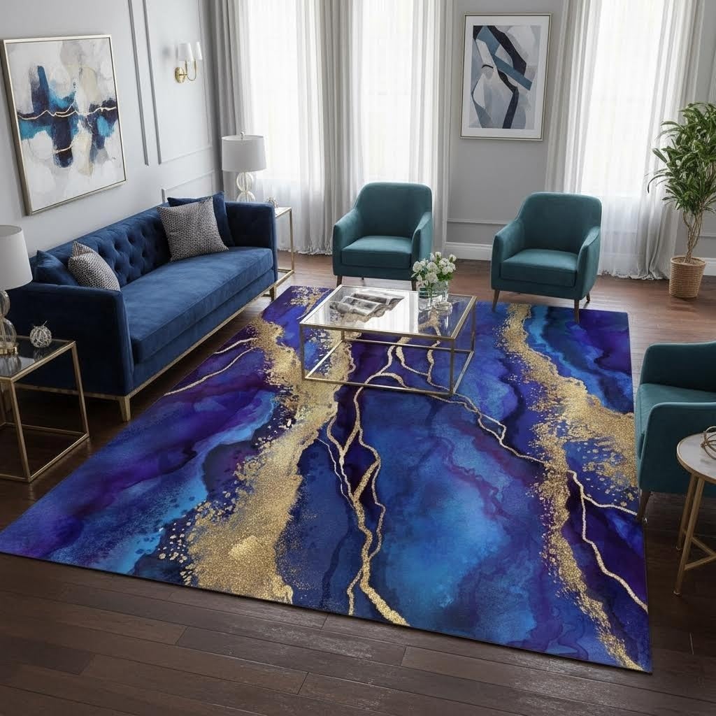 Royal Blue Gold Marble Texture Modern Abstract Area Rug for Living Room Bedroom Guestroom Faux Wool Washable Carpet Non Slip Under Dining Room Coffee Table Art Deco Floor Rug 4x6 Lux Office Dorm Mat