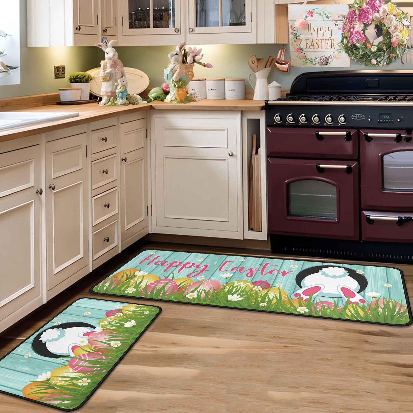 Putware Easter Kitchen Rugs and Mats Set of 2, Easter Decorations for Home Non Slip Backing Happy Easter Kitchen Rug Seasonal Low-Profile Kitchen Floor Mat Easter Decor 17"X47"+17"X30"
