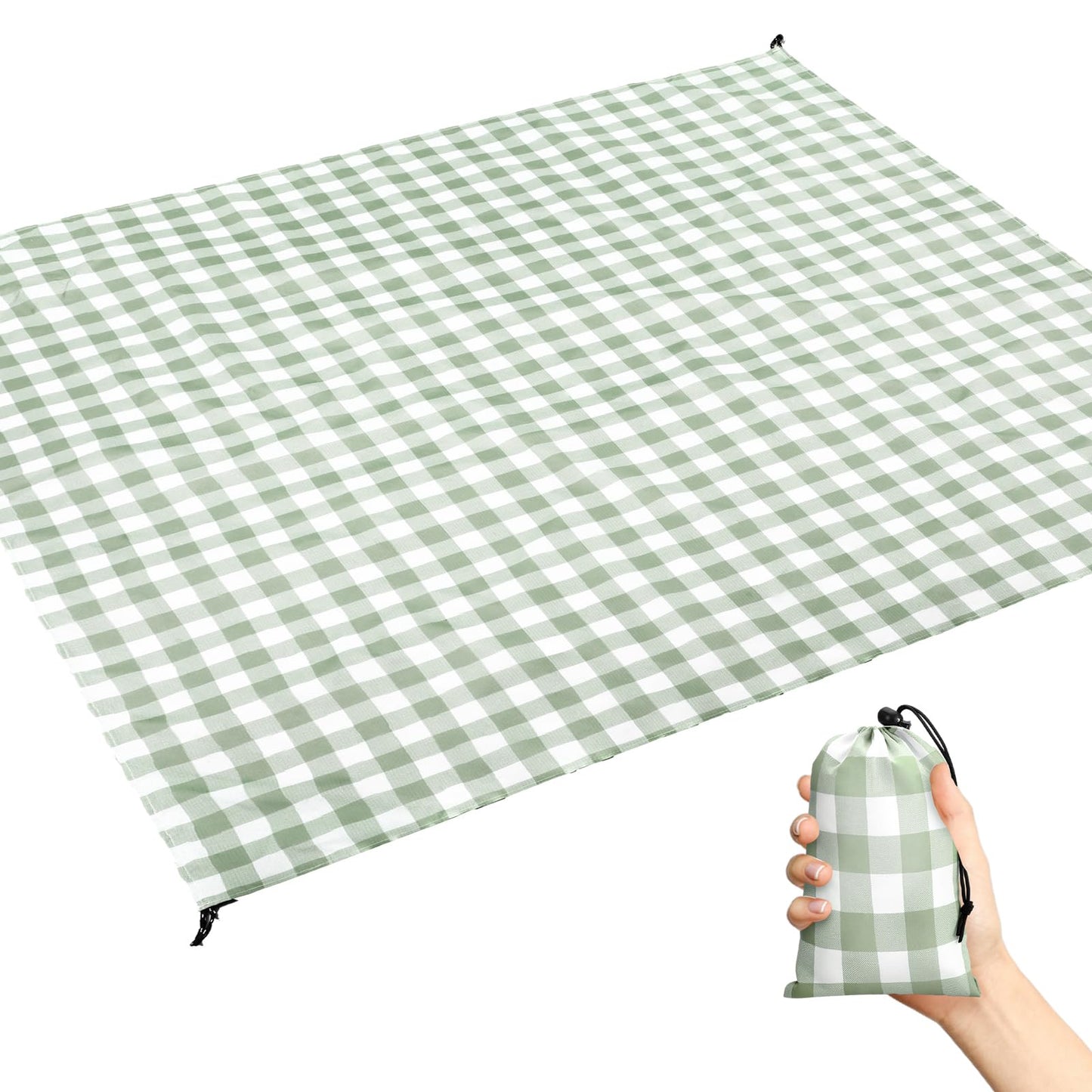 HunnmingRe Lightweight Green Gingham Pocket Picnic Blanket with Storage Bag 55 x 60inch Waterproof Cute Packable Sandproof Beach Mat Compact Washable Picnic Mat for Outdoor Hiking Camping Travel