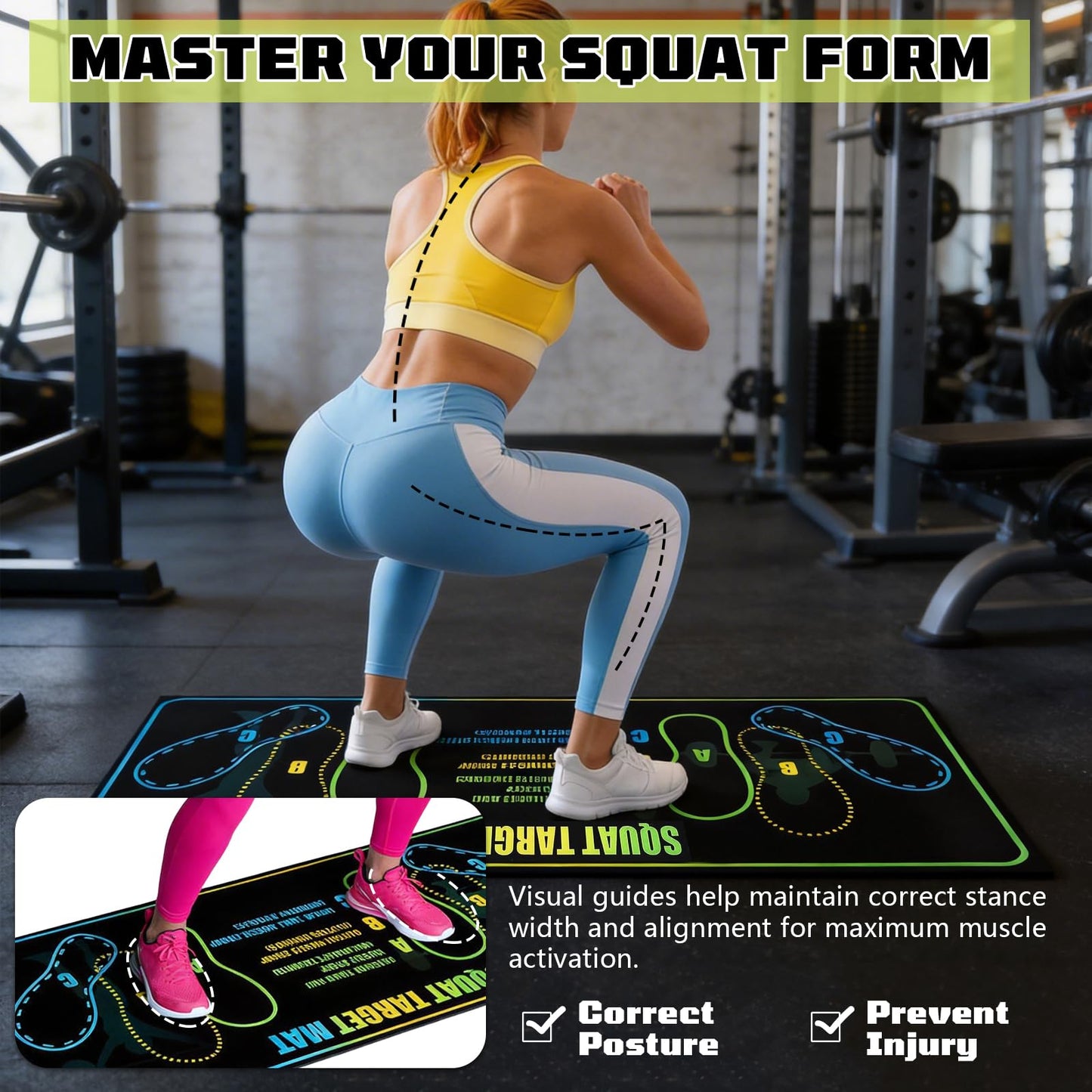 Squat Mat with Foot Position 13.8×31.5in — Non-Slip + Resistance Band