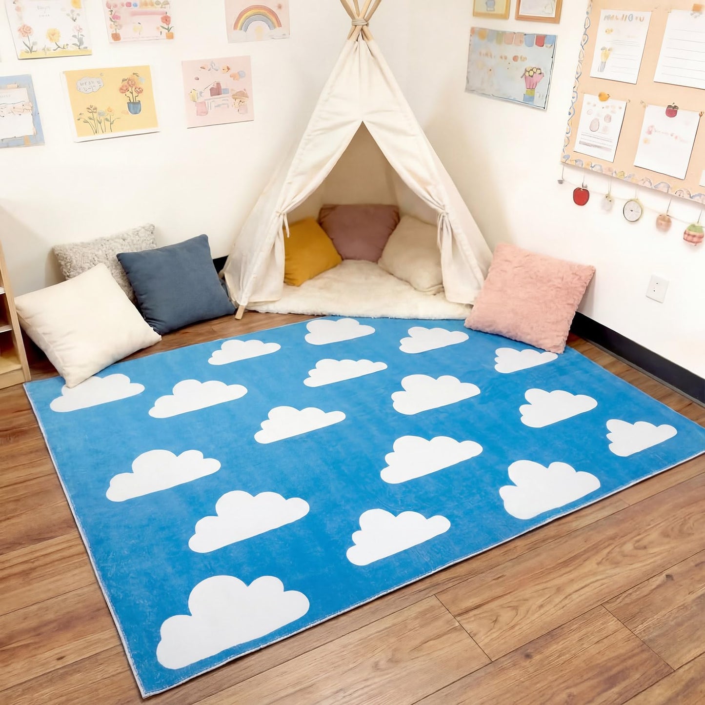 Breling Classroom Carpets Playmat Rugs 6x9 ft Blue Kids Classroom Rugs with Rubber Backing, Cloud Pattern Children's Seating Nursery Play Mat for Preschool Elementary Playroom Kindergarten