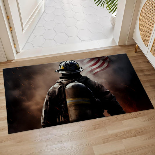 Plistiz Firefighter Hero Indoor Door Mat, 17x29.5 Inch, Floor Area Rug for Entryway, Living Room, or Bathroom, Non-Slip Doormat, American Flag Home Decor Rug Gifts