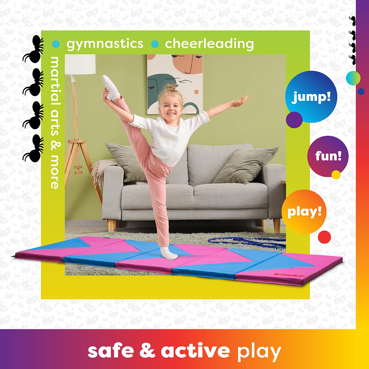 Antsy Pants Tumbling Mat for Kids – 5-Fold Gymnastics Mat, Easy to Clean, Sturdy, Foldable Tumbling Mat, Padded, Lightweight, Portable, Gymnastics Equipment for Active Play, Pink/Neon Blue