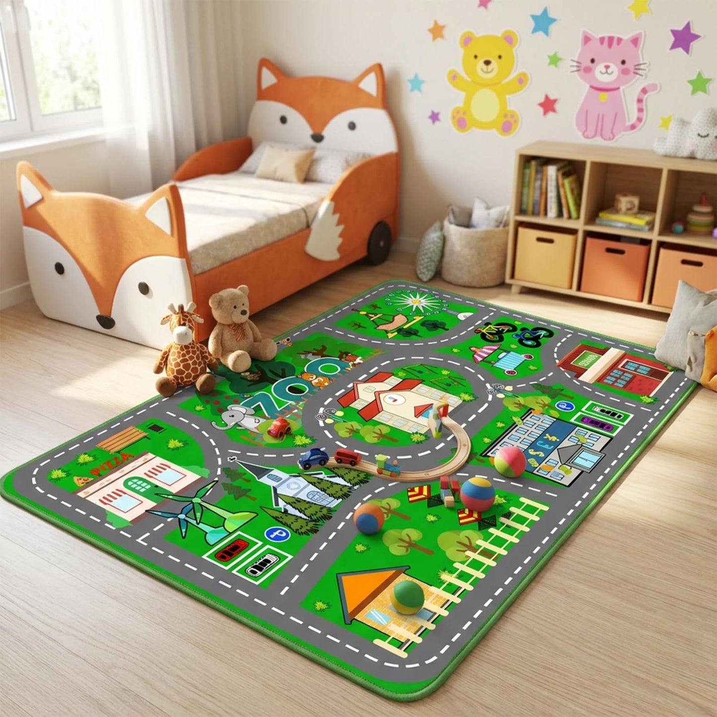 Car Rug Play Mat - Green Road Rug for Kids Boys Room, Fun Race Track Traffic Road Carpet for Boys Playmat Educational Learn, Car Carpet for Kids Room Decor Playmat Bedroom Playroom, 2.5x4 Feet