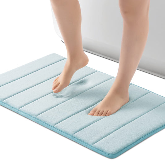 ROSMARUS Memory Foam Bath Mat 17' x 24', Water Absorbent Shower Mat, Thick Non Slip Bath Rugs with PVC Backing, Ultra Soft Bathroom Rugs for Floor & Tub, Aqua Blue