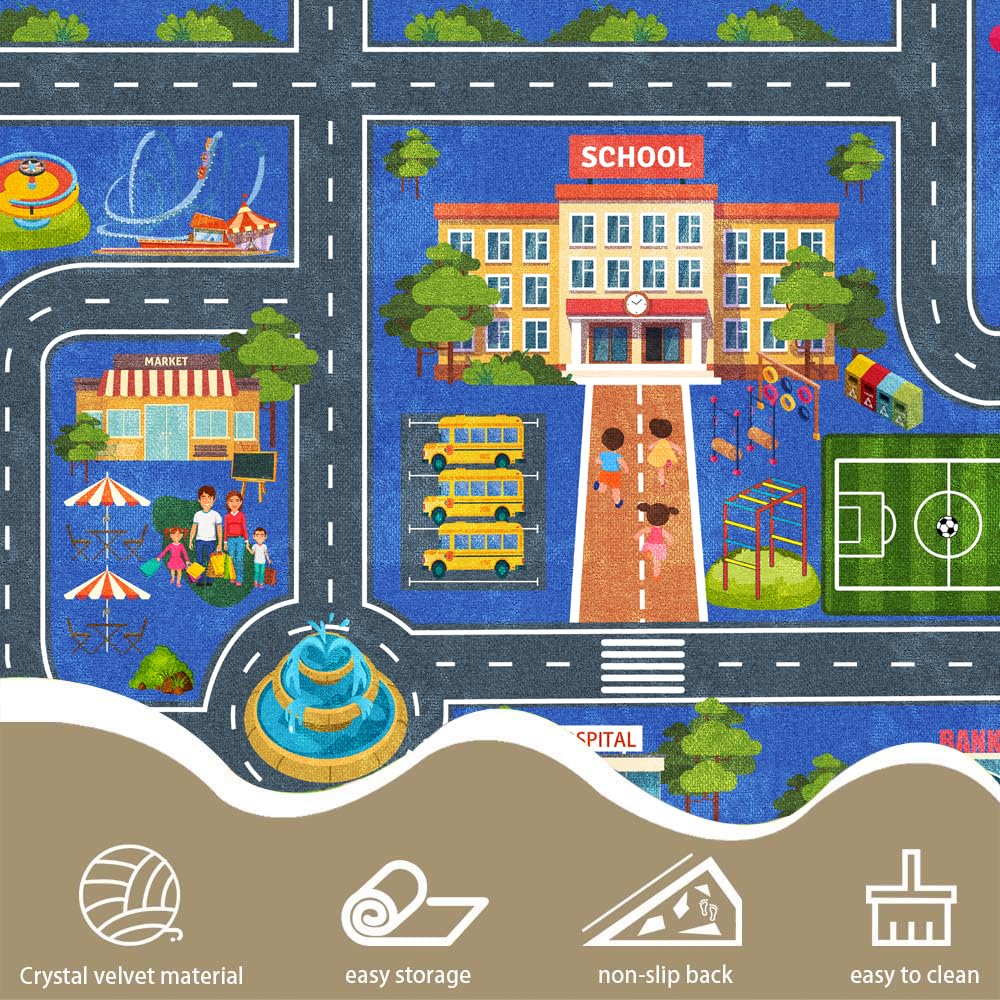 VNUVCOE Kids Road Car Rug, 31''x47'' Playroom Rugs City Road Race Track Rugs for Playing Cars Toys, Kids Car Rug Play Mat Road Carpet for Kid.