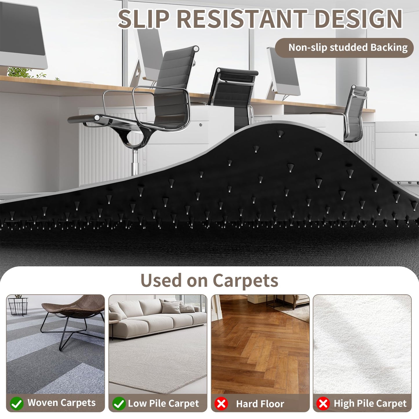 Office Chair Mat for Low Pile Carpeted Floors with Lip, 48" x 60" Heavy Duty Floor Mat for Desk Chair on Carpet,Easy Glide Carpet Protector Mat for Computer Chairs,Rolling Chairs,Office,Home,Anti-slip