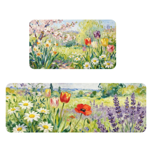 Spring Kitchen Mats for Floor Set of 2 Watercolor Colorful Floral Summer Flower Print Seasonal Theme Kitchen Rugs Non Slip Washable Absorbent Summer Kitchen Runner Rugs Decor,17x30 and 17x47 Inch