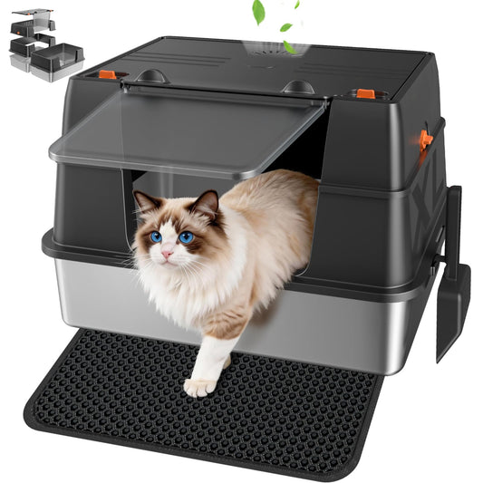 KISENG Stainless Steel Litter Box with Lid, High Sided Enclosed Metal Litter Box for Big Cats, Easy Cleaning Anti-Urine Leakage, Non-Sticky Cat Box, Front Entry Top Exit KittyBox, Includes Mat & Scoop