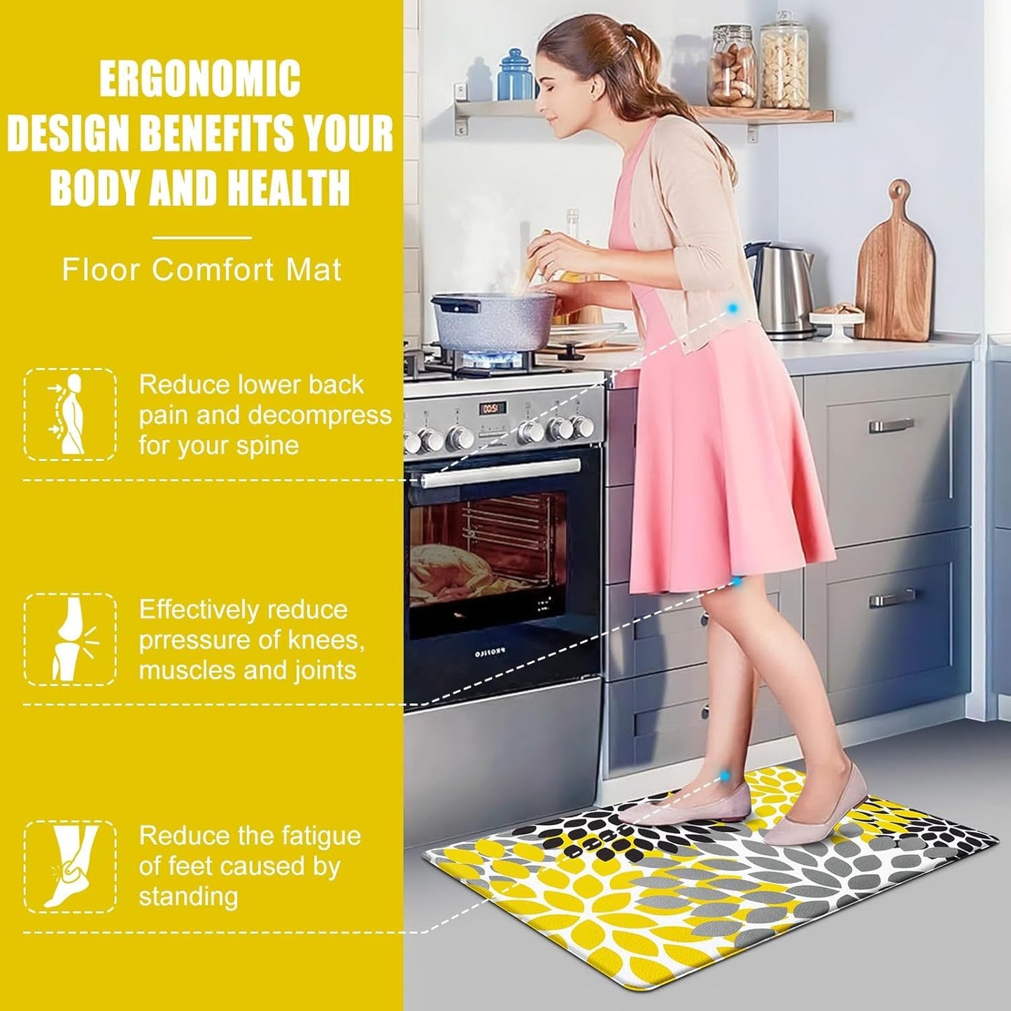Likiyol Kitchen Mats for Floor Anti-Fatigue Comfort Kitchen Rugs, Boho Flower Cushioned Waterproof Kitchen Decor Mat Thick, 18''x60'', Yellow