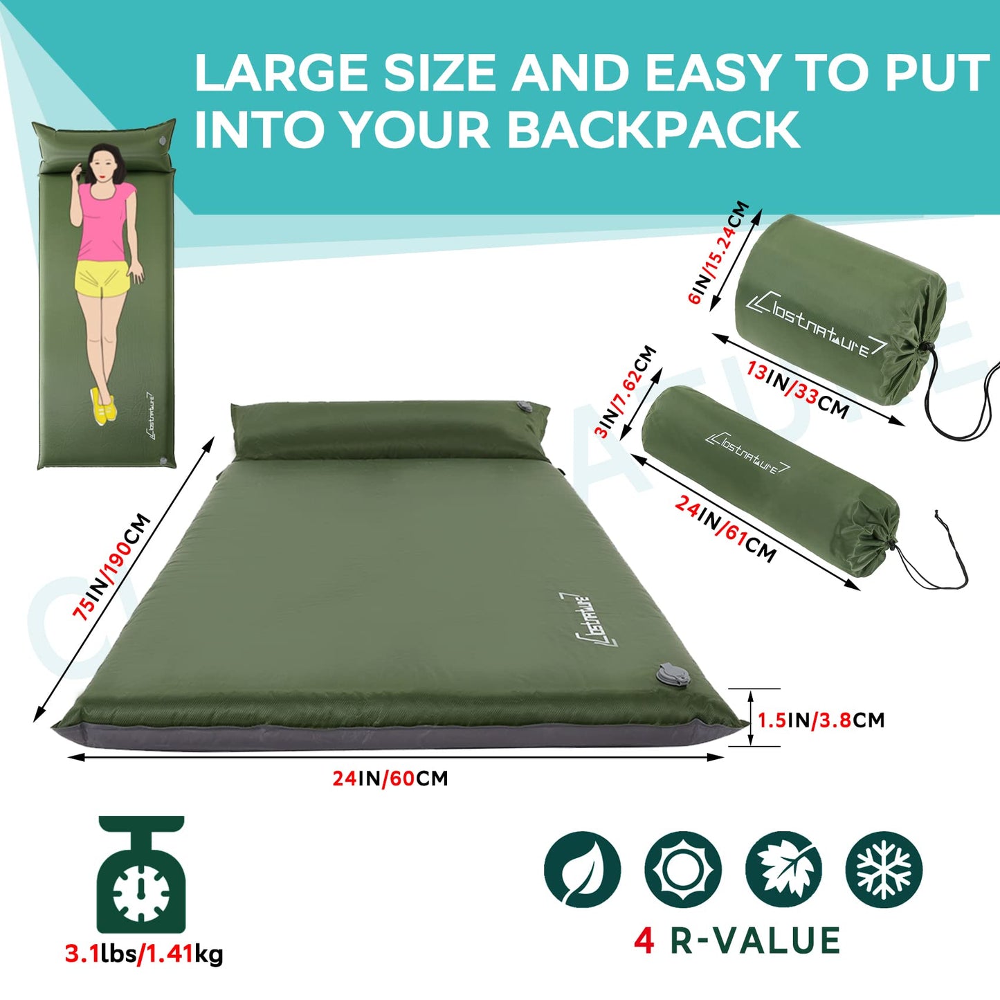 Clostnature Self Inflating Sleeping Pad for Camping - 1.5/2/3 inch Camping Pad, Lightweight Inflatable Camping Mattress Pad, Insulated Foam Sleeping Mat for Backpacking, Tent, Hammock
