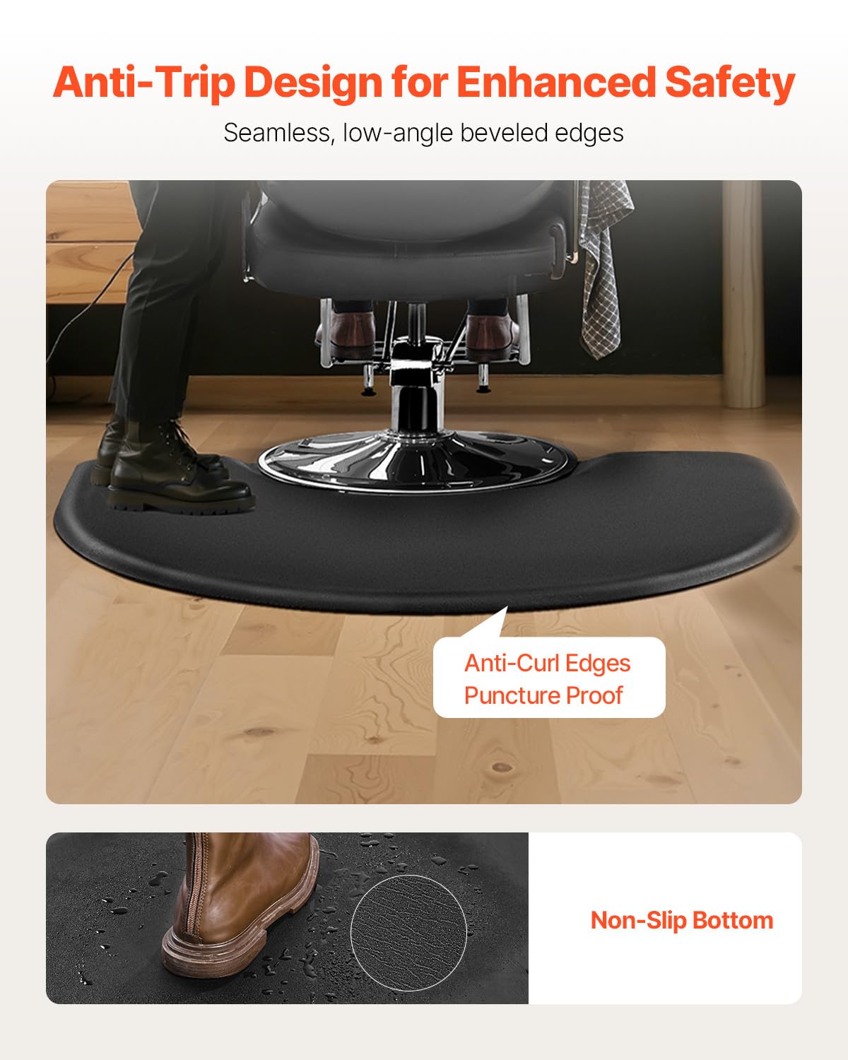 VEVOR Salon Mat for Hair Stylist, 3 x 4 FT Semi-Circle Salon Chair Mat, 1-inch Thickened Anti Fatigue Barber Shop Floor Mat with Round Cut Out, Easy-to-Clean PVC Surface & Anti-Trip Beveled Edges