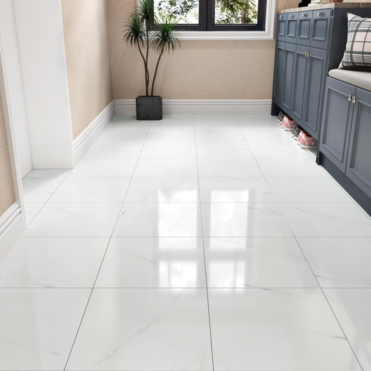 Wallercity 18PCS Glossy Marble White Peel and Stick Floor Tile Self Adhesive Bathroom Waterproof Stick on Floor Tile 12x12 Inch Sticky Tiles for Bedroom Living Room Kitchen Linoleum Flooring Sheets