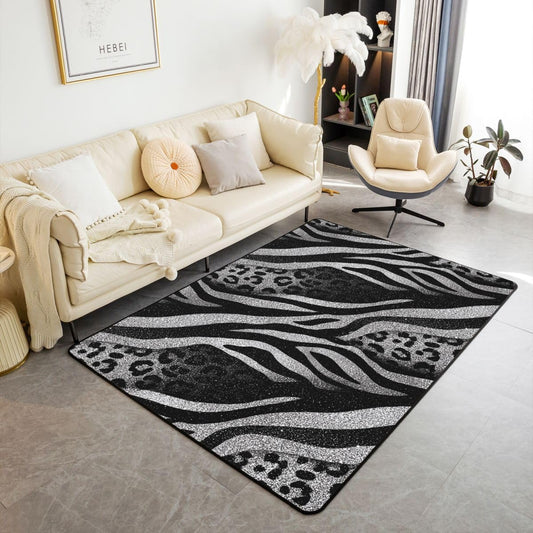Leopard Print Large Area Rug 5x7 Cheetah Skin Living Room Rug | Zebra Pattern Silver Glitter Rugs for Bedroom, Patchwork African Safari Pattern Low Pile Carpet Indoor Floor Mat