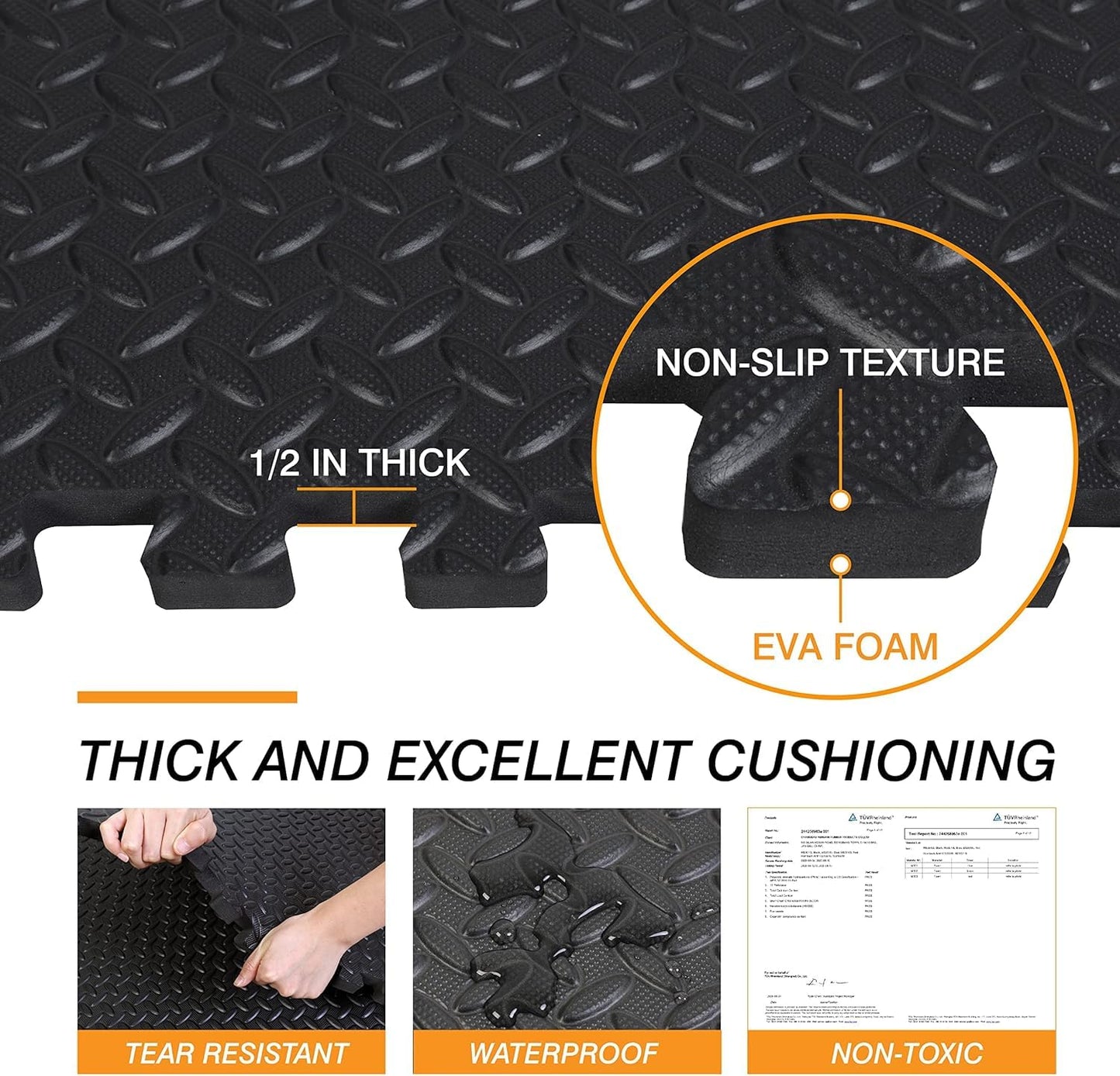 Mat Block Interlocking EVA Foam Exercise Mat Tiles - 6-Piece (24 SQ FT) 1/2 Inch Thick Home Gym Floor Mats for Workouts & Equipment - Non-Slip, Protective Puzzle Mats, Black