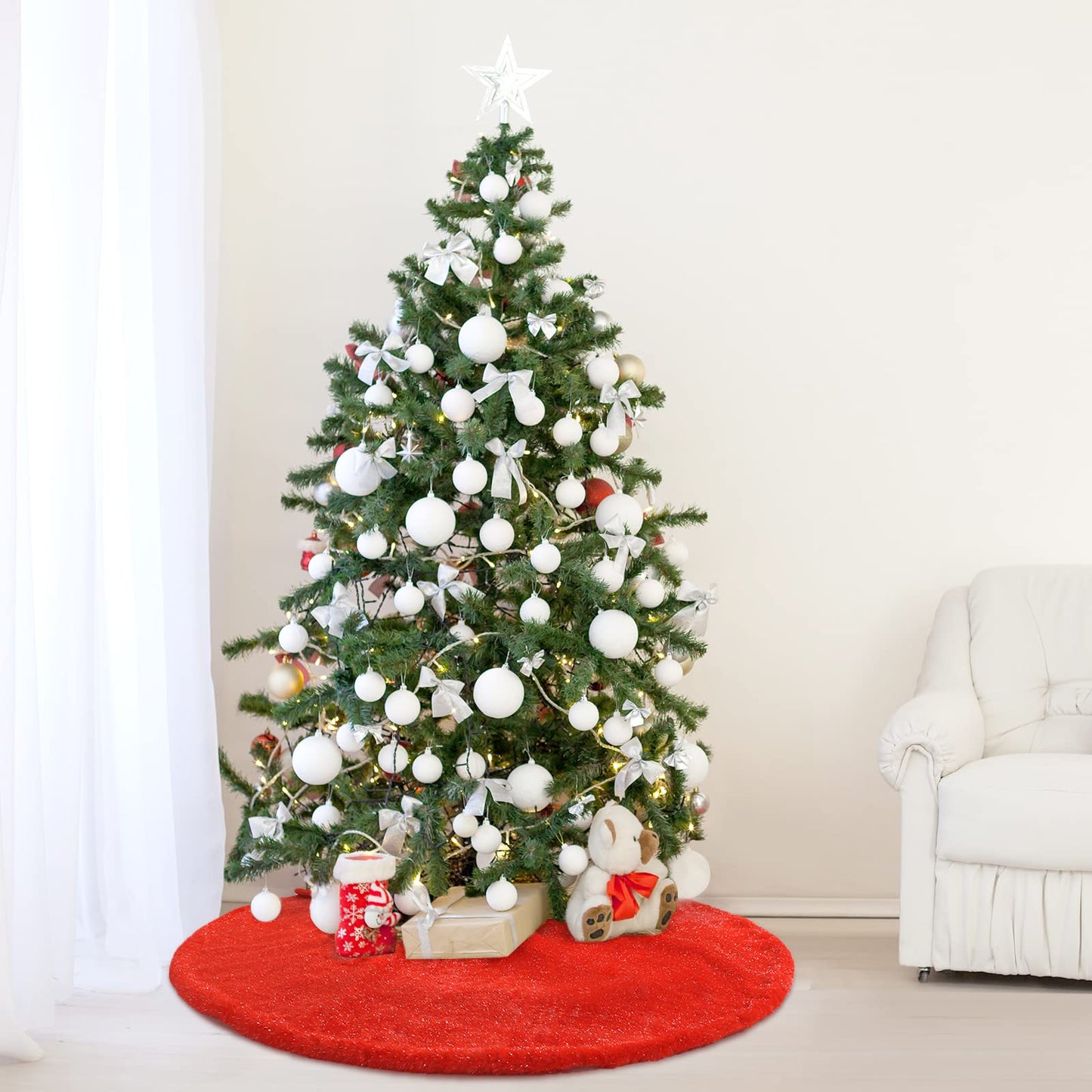 Atiming 30 Inches Red Christmas Tree Plush Skirt with Shiny Streamers Faux Fur Xmas Tree Skirt Base Cover Mat for Christmas Tree Holiday Home Party Decorations - 78cm