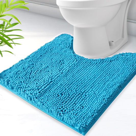 AINAHYVA U-Shaped Toilet Rug, Chenille Contour Bathroom Mat, Non-Slip PVC Backing, Machine Washable, 20x20, Aqua Blue